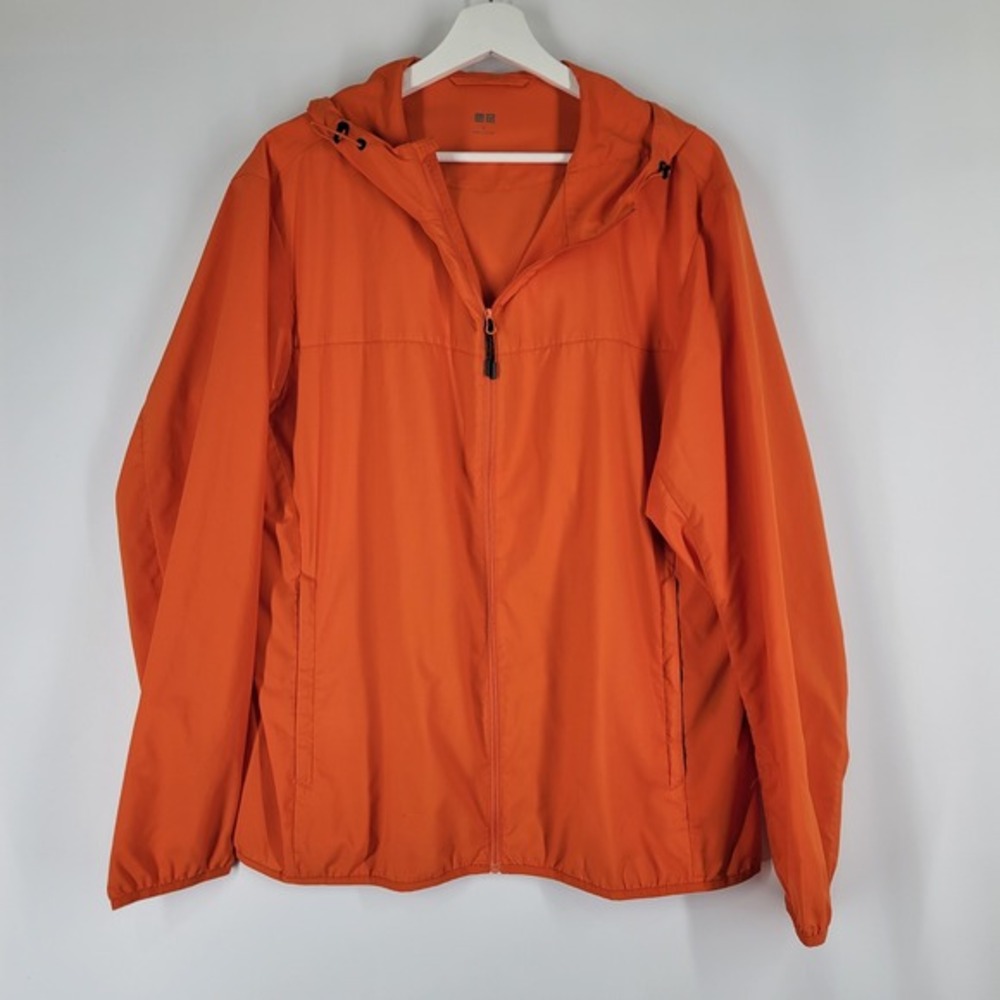 UNIQLO Orange Hooded Lightweight Zip Up Jacket Mens Size XL Windbreaker‎
